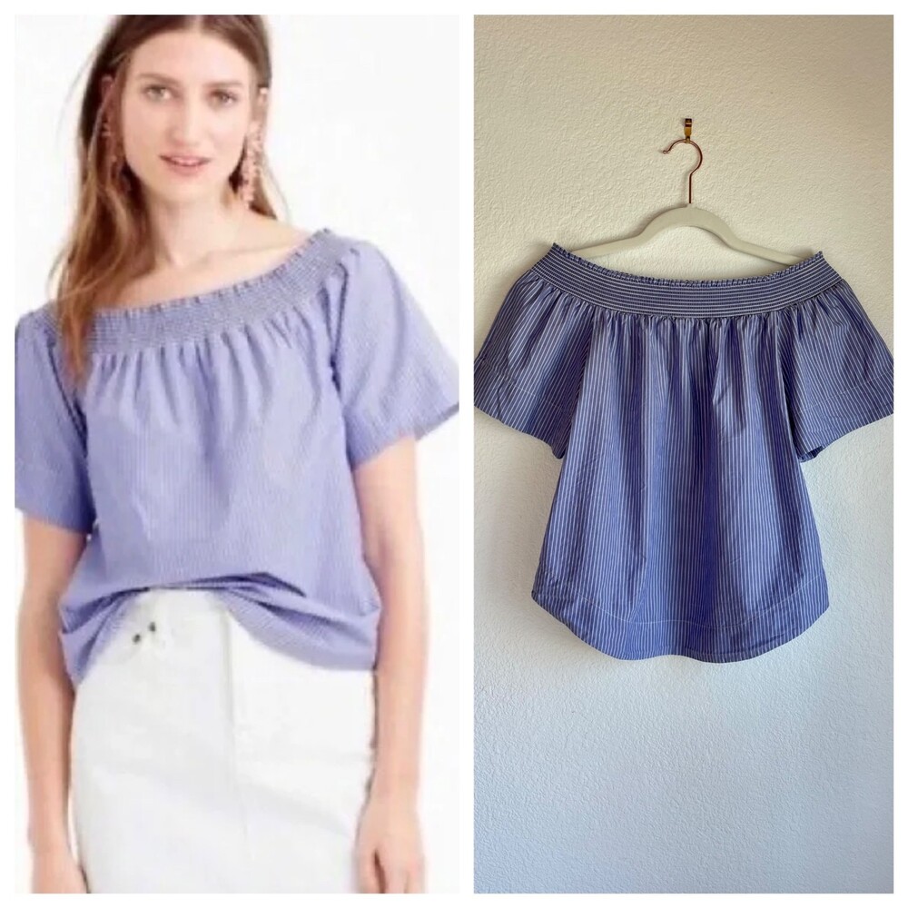J.Crew Blue White Striped Off the Shoulder Smocked Top Size 2 Cotton Coastal
